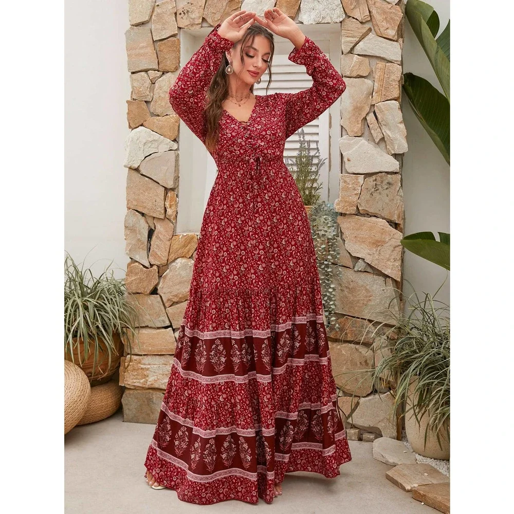 boho Floral Print Knot long Sleeve Ruffle Hem Maxi Dress paisley green - Picture 4 of 5